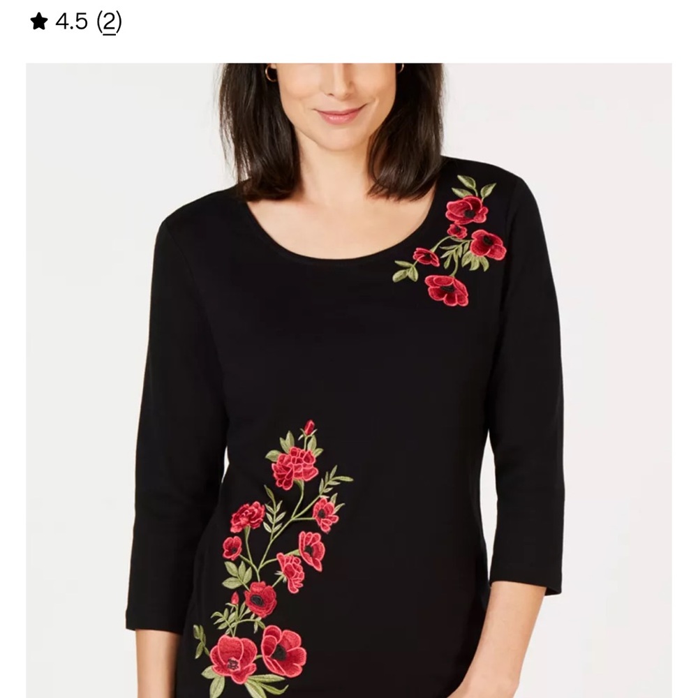 Karen Scott Black Top with Red Floral Design